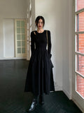 Vintage Knitting Maxi Wedding Dresses for Women Clothing O Neck Office Lady Casual Pockets Bodycon Midi Dress Winter  Black