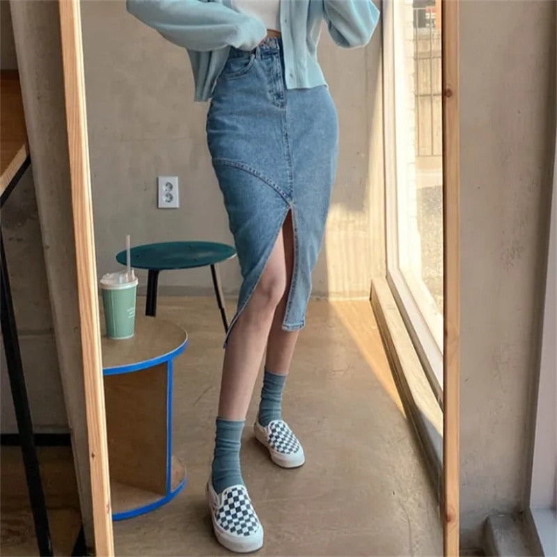 Korean Fashion Jeans  Midi Skirts Women High Waist Stretch Front Slit Denim Skirt Streetwear Faldas Mujer Moda