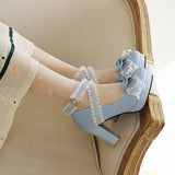 Darianrojas New Spring Women Shoes Plus Size 22-28cm Feet Length Chunky High Heel Pearl Bow Cross Buckle Cute Lolita Banquet Shoes