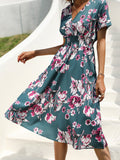 Chiffon Dress Summer Dress  Retro Yellow Red Floral Print Female Casual V-neck Short-sleeved A-line Beach Long Robe Dress