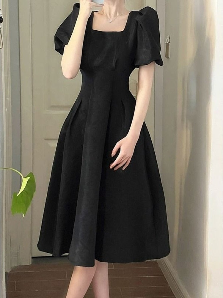 Darianrojas Vintage Elegant Wrap Dresses Woman French Retro Black Puff Sleeve Midi Dress Square Collar Summer Fashion Solid Kpop
