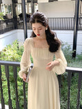 French Elegant Solid Midi Dress Woman Fairy One Piece Dress Korea Fashion  Summer Long Sleeve Even Party Dress Casual Female