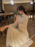 French Elegant Solid Midi Dress Turtleneck Design Spring One Piece Dress Korean Fashion Long Sleeve Fairy Even Party Dress