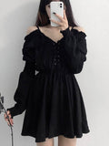 Large Size Gothic Women Black Mini Dress Sexy Off Shoulder High Waist Tunic Ladies Party Dress Long Sleeve V Neck Vestidos