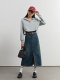 Denim Skirt Women High Waist Long A-LINE Skirts Office Lady Front Spilt Retro Denim Blue Jean Skirt For Women