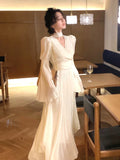 Spring Elegant V-Neck Midi Dress Office Lady Long Sleeve Casual One Piece Dress Korean French Vintage Chiffon Dress Women