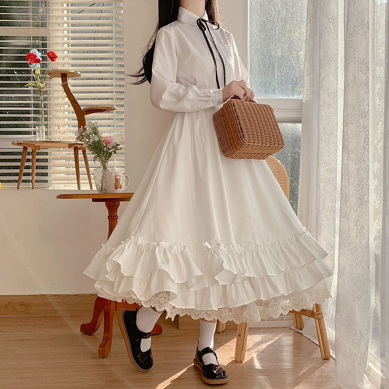 Japanese Solid Color Double Layer Vintage French Ruffled A-line Skirt Hepburn Style Black White Half Skirt Female Long Skirts