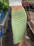 90s Aesthetics Basic Low Waist Slit Hem Green Skirts Y2K Streetwear Retro Solid Bow Trim Midi Skirt Women Summer Outfits