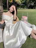 Darianrojas Summer Fashion French Silky Satin Dress Women White Fairy Bow Slash Neck  Top Long Bride Dress bridesmaid Dress