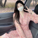 Vintage Clothing V-Neck Dresses Print Korean Style Fashion New Long Sleeve Chiffon Dress Women Pink Vestidos Clothes Summer