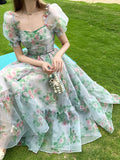 French Vintage Floral Midi Dress Women Organza Elegant Casual Party Fairy Dress Casual Holiday Princess Dress Women Spring