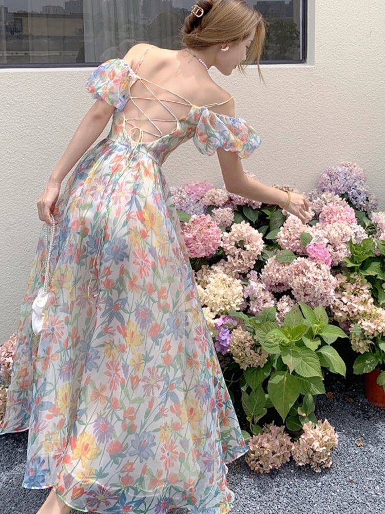 Darianrojas Summer Floral Design Elegant Midi Dresses Women Short Sleeve Vintage Strap Dresses One Shoulder One Piece Dress