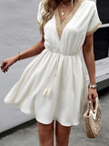 Women's Dresses Summer Fashion Lace Lace Stitching V Neck Loose Lace Up Bohemian Vacation Woman Basic Short Sleeved Vestidos