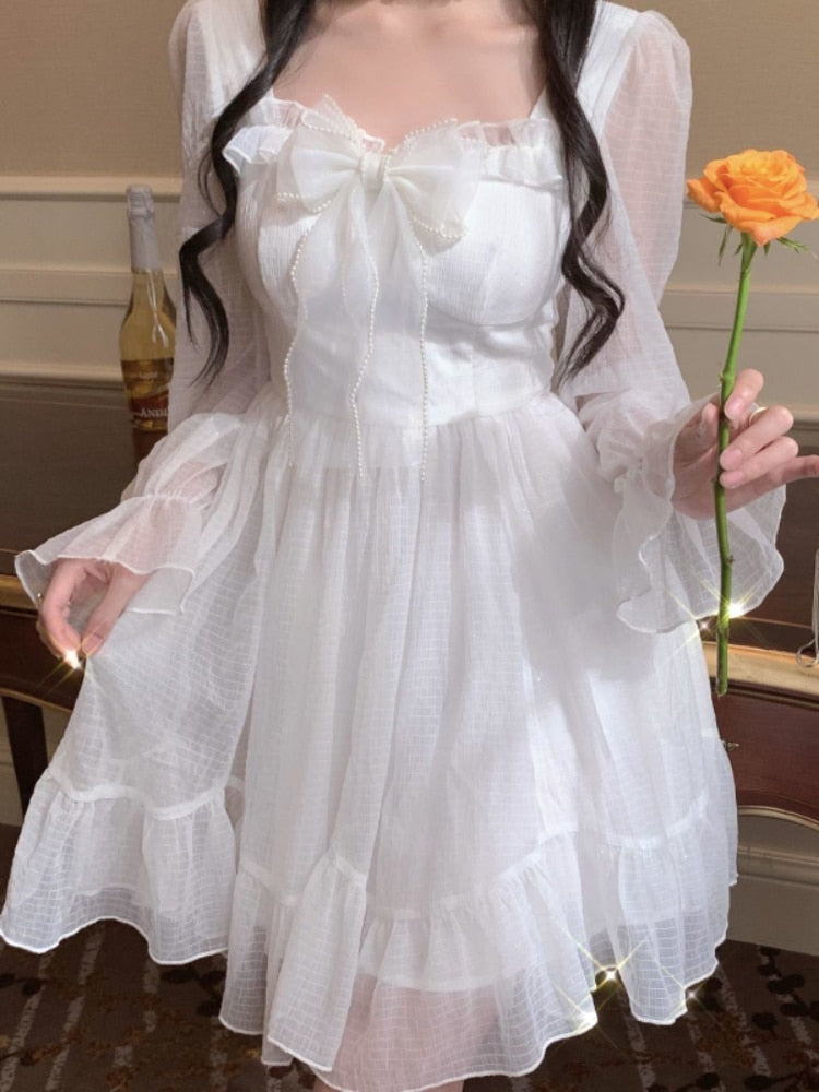 Darianrojas White Kawaii Dress Women Chiffon Lolita Style Long Sleeve Mini Dresses Bow Fairy Robe Ruffles Patchwork Square Collar