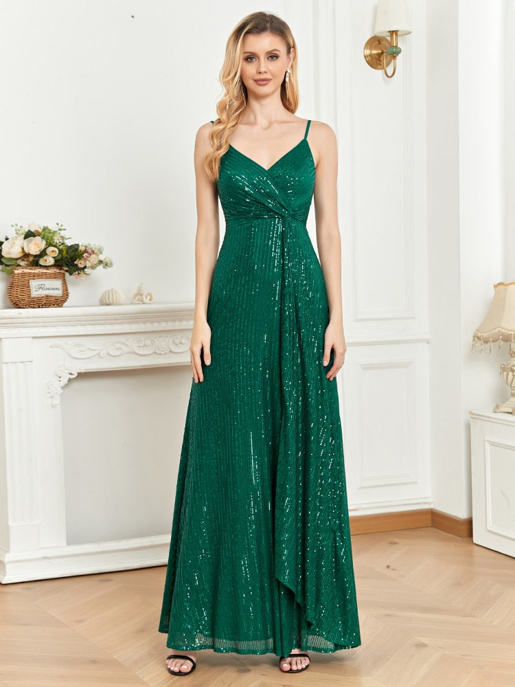Elegant Green Sequins V Neck Evening Dress Guest Wedding Party Maxi Formal Dress  Women Long Prom Cocktail Dress