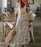 Long Dress Women Summer Vintage Floral Print V Neck Half Sleeve Dresses Female Casual Drawstring Loose Beach Dress