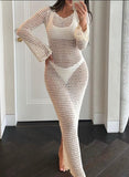 White Knit Beach Dress Crochet Bikini Cover Up Women Sexy Split Backless Maxi Dress Summer Long Sleeve Holiday Beachwear