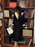 Vintage Black 2 Piece Dress Set Office Lady Long Sleeve Short Blazers + Elegant Slim Midi Skirt Woman Korean Suit  Autumn