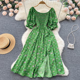 YuooMuoo Fast Shipping Women Dress Fashion Romantic Floral Print Split Long Summer Dress Puff Sleeve Party Korean Vestidos