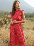 Summer Ladies Elegant Dot Print Chic Dress Women Butterfly Sleeve Ruffles Medium Long Chiffon Dress