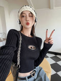 Korean Fashion Cropped Sweater Women Vintage Hip Hop Sexy Slim Hollow Out Pullover Casual Chic Knitwear Y2K Tops Grunge