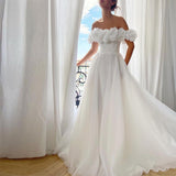 Darianrojas White Tulle Long Prom Dresses Off the Shoulder Handmade 3D Flowers A-Line Evening Gowns Formal Party Dress