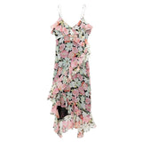 Women Thin Straps Ruffle Floral Print Dress Sexy Backless Asymmetric Ladies Holiday Summer Chiffon Vestidos