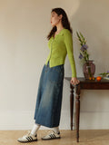 Denim Skirt Women High Waist Long A-LINE Skirts Office Lady Front Spilt Retro Denim Blue Jean Skirt For Women