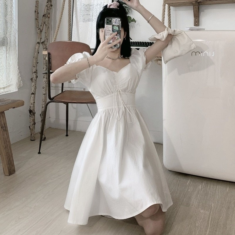 Darianrojas Sweet White Puff Sleeve Dress Women Mori Vintage Wrap Bodycon Short Dresses Preppy Style School Robes Female