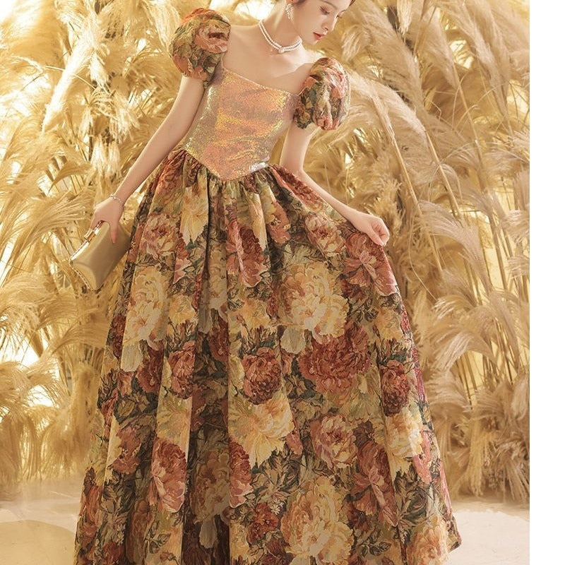 Darianrojas Gold Princess Dress Engagement Jacquard Dress France Vintage Sweet Korean Princess Fairy Dress Evening Party Dress