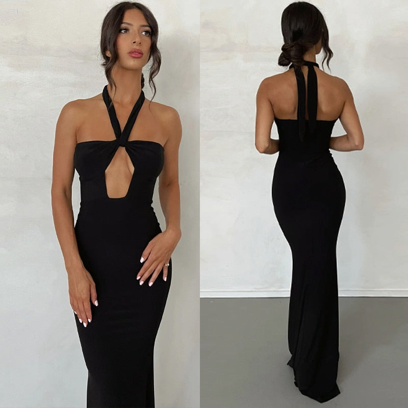 Elegant Backless Party Dress for Women Summer Sexy Halter Neck Bodycon Maxi Dress  Evening Club Long Dress Black Vestido