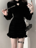 Darianrojas Velvet Black Bodyocn Sexy Dress Autumn Vintage Holoow Out Wrap Slim Party Evening Short Dresses for Women Robe Female