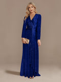 Luxury Long Sleeve V-Neck Evening Dress Party Women Wedding Sequins For Female Guests Blue Prom Cocktail Dresses