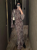 Zebra Printed Maxi Dress Women Fashion Bell Sleeve Sexy See Through Beach Dress Spring Vacation Bohemia Party Outfits