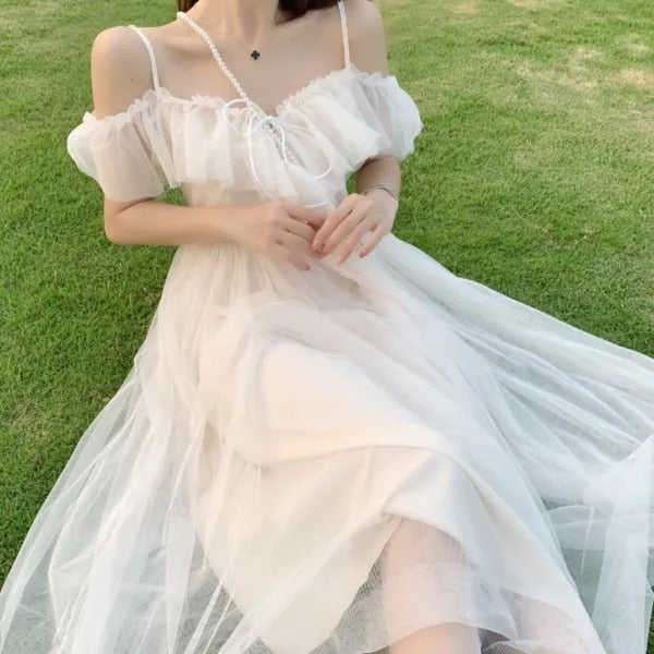 Darianrojas Sweet Kawaii Fairy Princess Mesh Dress Elegant White Spaghetti Strap Off Shoulder Party Dresses Woman Vacation