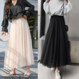 3 layers Midi Summer Tulle Skirt Women Ladies Casual White Black High Waist Pleated Sun School Long Skirt Female