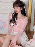 Pink Japanese Lolita Kawaii Blouse Women Off Shoulder Cute Sweet Blouse Female Slim Knitted Korean Fashion Clothing Summer