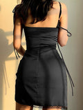 Darianrojas Strappy Satin Ruched Black Dress Mini Lace Spliced Side Split Sexy Dress Female Sundress Backless Ladies Dresses