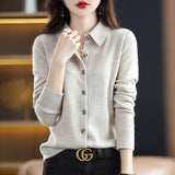 Spring And Autumn POLO Collar Sweater Knitted Shirt With Loose Long-Sleeved Non-Cashmere Cardigan Temperament Lapel Jacket