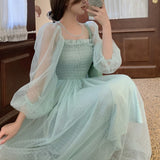 Korean Style Elegant Vintage Mesh Fairy Dress Women Beach Party Holiday Long Summer Dress Robe Longue Femme One Piece Dress