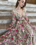 Elegant Floral Tulle Prom Dresses Long Sleeves V-Neck Lace Appliques A-Line Evening Gown Formal Party Dress