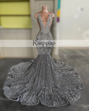 Darianrojas Sexy Long Sparkly Prom Dresses Sheer O-neck Luxury Silver Crystals Diamond Sequin Mermaid Black Girl Prom Party Gowns