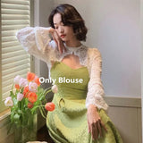 Darianrojas Spring Summer Korean Style Retro Lace Cardigan Slim Dress Two-piece Sets Women Elegant Fashion Female Dress