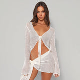 Summer Dress Sets Sexy See Through Two Piece Sets Beach Outfits for Women Long Sleeve Cropped Top Matching Mini Skirts Suit