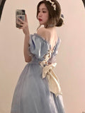 Darianrojas France Vintage Mesh Dress Women Summer Blue White Black Retro Evening Party Dresses Sweet Korean Princess Fairy Dress
