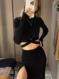 New White Knit Two Piece Women Sets Fall Ribbed Crop Top And Pleated Knitted Skirt Suits For Women Midi Dress Sets