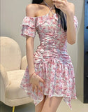 Darianrojas Off Shoulder Floral Y2k Mini Dress Woman French Elegnat Short Party Dress Summer Casual Sweet Sexy One Piece Dress Korean