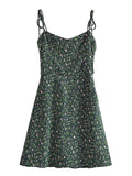 Women Vintage Floral Print Dark Green Sling Chiffon Dress French Style Vestido Mujer A-line Short Summer Ladies Robe