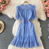 SMTHMA  Fashion Summer Lace Dress Female Hollow Out High-End Temperament Sweet Elegant Ruffle Dresses Vestidos