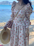 Midi Floral Dress Slim Long Sleeve Elegant Dress Woman Vintage Beach Evening Party Dress Korean Fashion  Spring Casual Chic